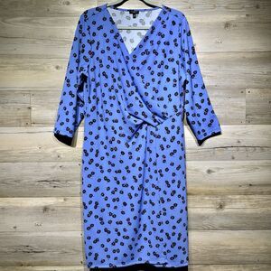 Talbots Plus Faux Wrap Dress 1X Blue Floral Knee Length 3/4 Sleeve Stretch Knit